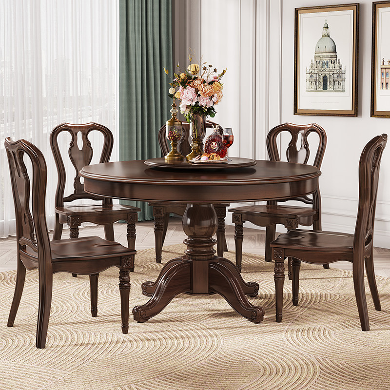 淘美式全实木圆形餐桌椅子组合简约小户型做旧原木家用圆饭桌