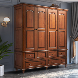 家具 原木仿古中式 美式 乡村风全实木衣柜卧室四门两门大衣橱欧式
