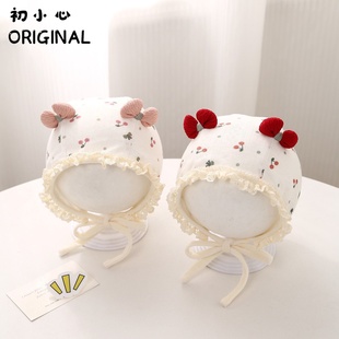 韩版婴儿帽子春秋季女宝宝可爱蝴蝶结胎帽小月龄婴幼儿纯棉花边帽