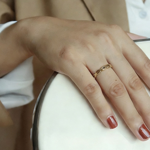 链条不掉色戒指钛钢镀18 K金素圈叠带细环戒指气质法式气质指环