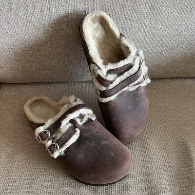 瑞典代购双带扣勃肯软木底羊毛加绒保暖包头半包bk秋冬外穿拖鞋女