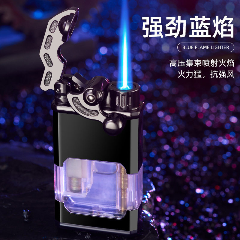 摇臂透明气窗夜光蓝色火焰直冲打火机充气防风火机创意个性高颜值
