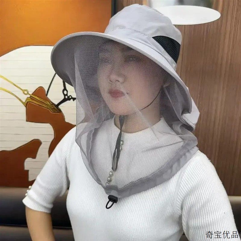 防蚊帽户外钓鱼帽男款遮脸防晒帽透气网纱面罩夜钓防虫防蜂帽大檐