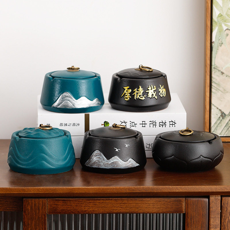 黑陶创意陶瓷潮流烟灰缸家用客厅茶桌防风带盖防飞办公室个性烟缸
