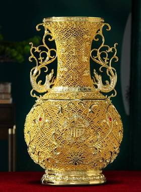 非遗花丝花瓶铜摆件工艺品乔迁新家居客厅公司办公室中式装饰送礼