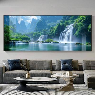 流水生财山水风景画现代简约客厅沙发背景墙横版八方聚财画装饰画