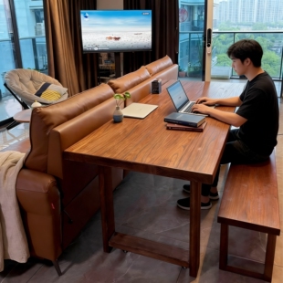 榆木客厅沙发后移动大板桌带滑轮长条桌实木书桌复古风阅读学习桌