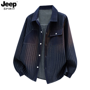 JEEP SPIRIT牛仔衬衫夹克春秋美式工装外套宽松翻领长袖条纹外套