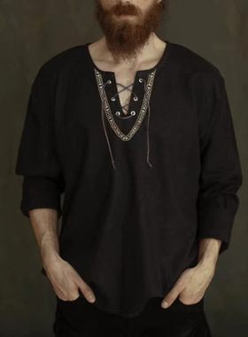 Men's Vikings Shirt Tops Long Sleeves Blouse V Neck Medieval