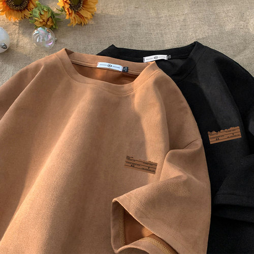 men tops american trendy man shirts tee tshirt棕色麂皮绒重磅