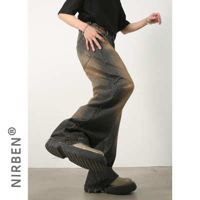 men baggy jeans man pantsnirn牛仔新款怀旧锈土色腰围可调节