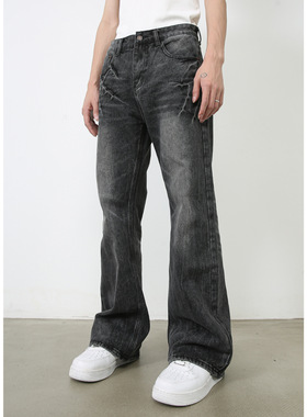 men baggy jeans man pants malenirn牛仔美式vi闪电爆裂纹黑灰