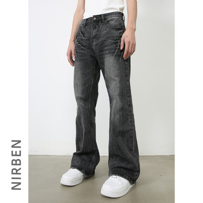 men baggy jeans man pants malenirn牛仔美式vi闪电爆裂纹黑灰