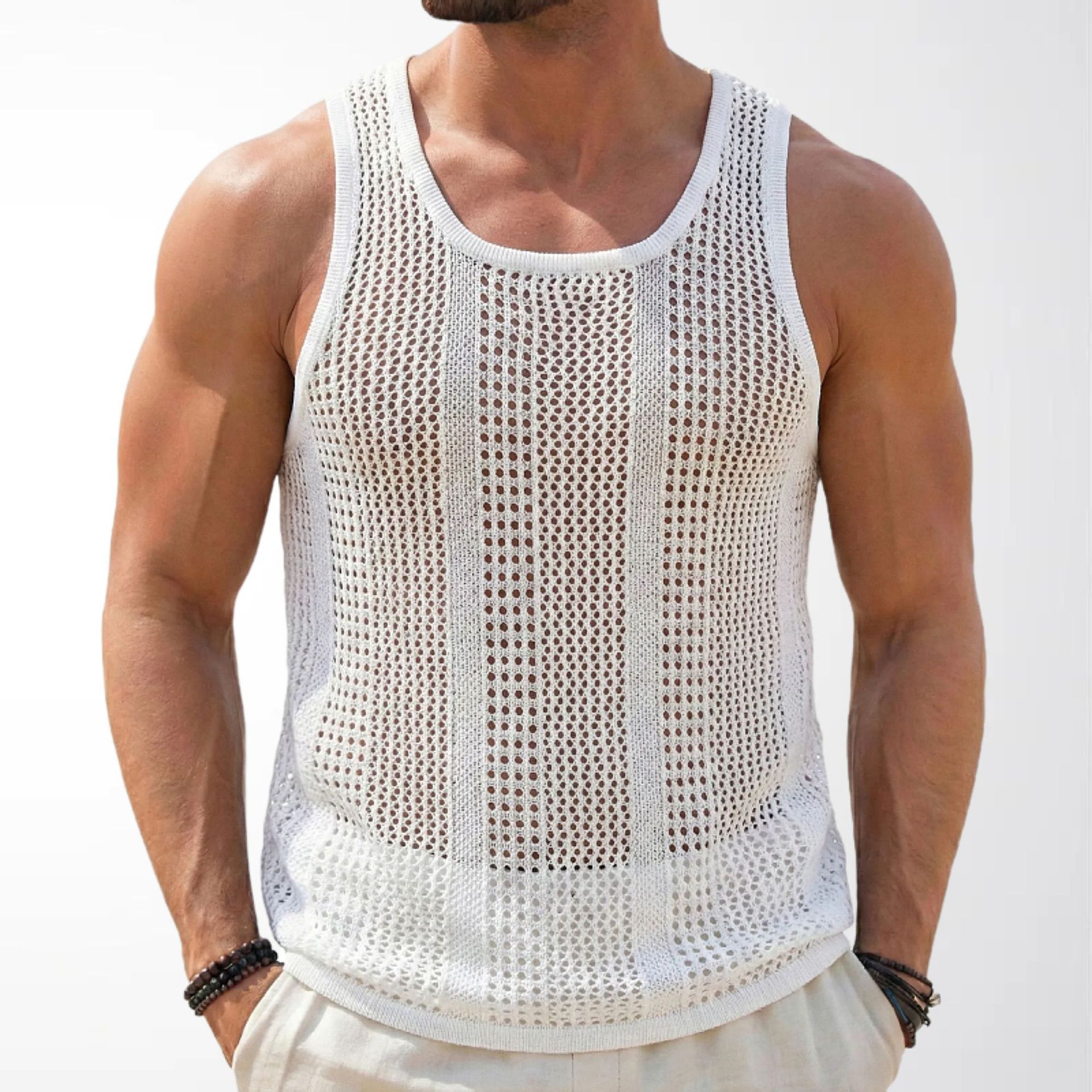 men's vest欧美新款男装 薄款无袖男士背心 白色网眼镂空运动上衣