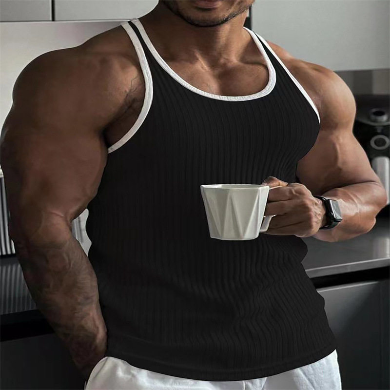 mens vest tank man欧码针织竖条纹健身运动修身背心男士工字拼色