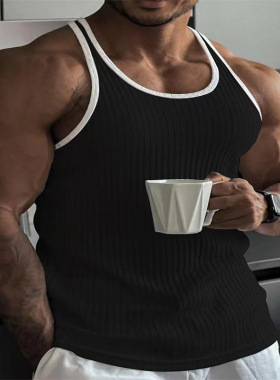 mens vest tank man欧码针织竖条纹健身运动修身背心男士工字拼色