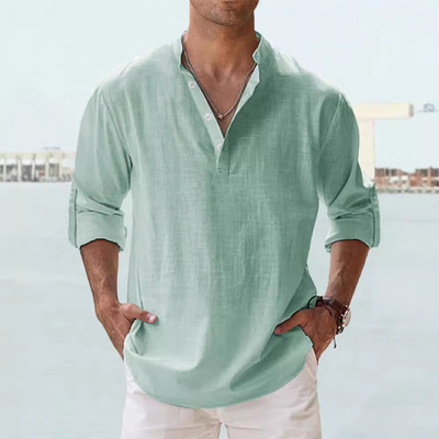 streetwear men shirts long sleeve henley cotton linen shirts