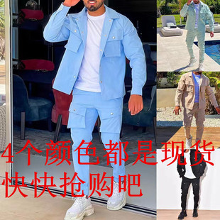 men for male2025欧美亚马逊大码 工装 宽松 man 休闲男套装 clothes