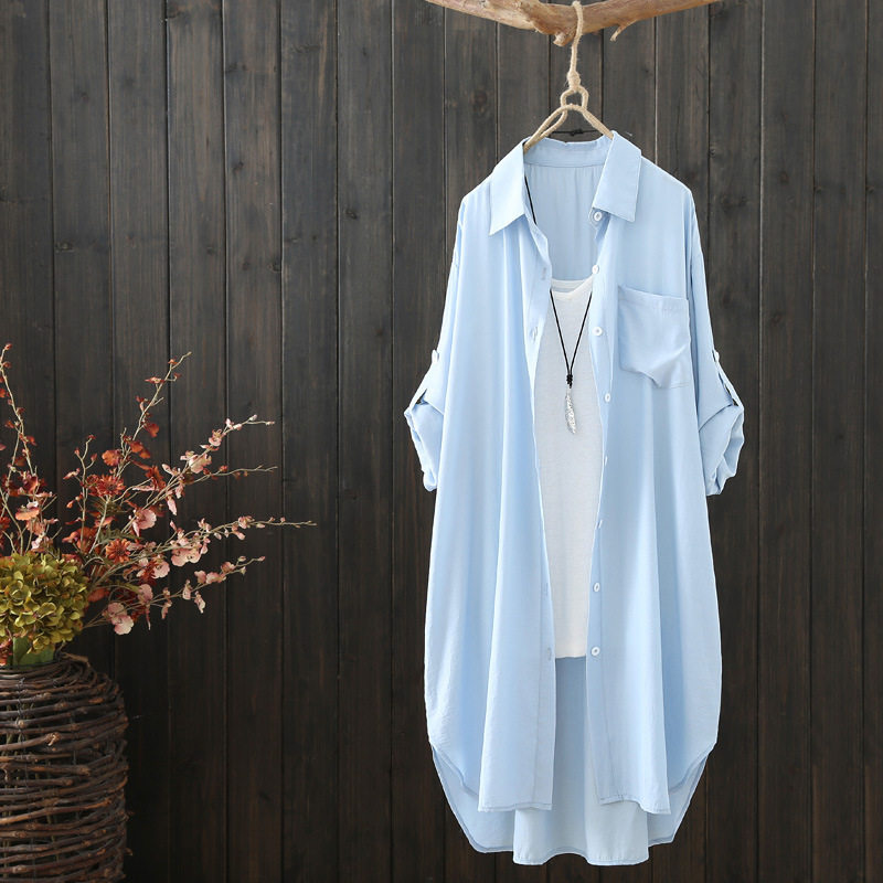 shirt tops streetwear casual shirts tee夏中长款长袖纯色衬衫
