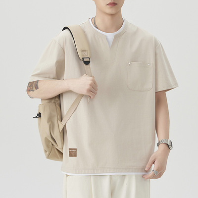 shirt men tshirt假两件拼接短袖t恤男 宽松亨利领口袋上衣 潮牌