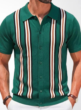 men shirts t-shirt男装 绿色条纹短袖 修身商务polo衫针织衫潮