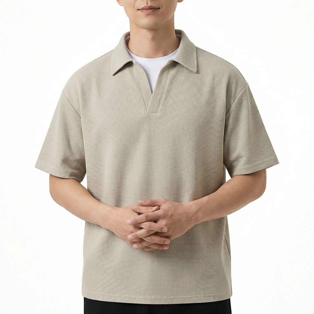 men t-shirt tshirts华夫格假两件polo衫男宽松翻领v领短袖t恤