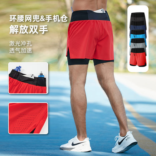 men compression shorts速干跑步短裤男假两件双层带内衬休闲训练