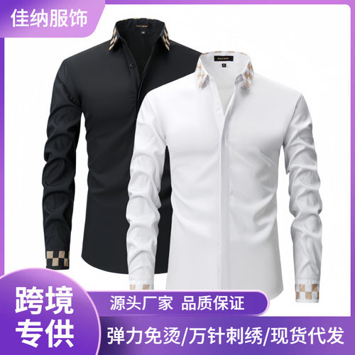 men shirt top streetwear Man casual shirts tee男衬衫黑白刺绣