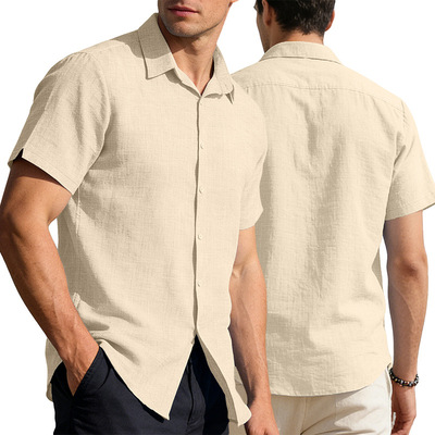 men's t-shirts欧美男开衫系扣短袖衬衫威夷纯色翻领休闲商务衬衫