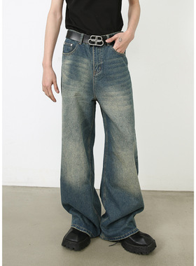 men baggy jeans man pants malenirn牛仔国潮复古蓝水洗牛仔裤