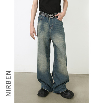 men baggy jeans man pants malenirn牛仔国潮复古蓝水洗牛仔裤