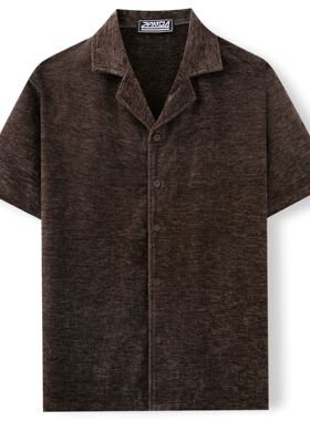 men's t-shirts男装货源 金丝绒面料古巴领休闲衬衫男士短袖衬衣
