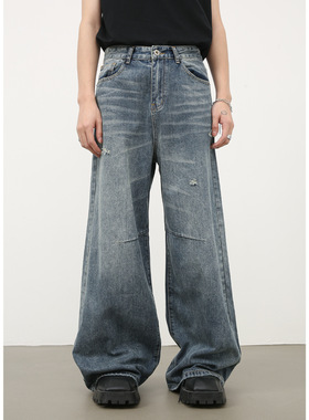 men baggy jeans man pants malenirn牛仔复古高街水洗磨破牛仔裤