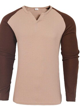 men shirt man tshirt男潮流运动休闲户外纯色拼色华夫格修身打底