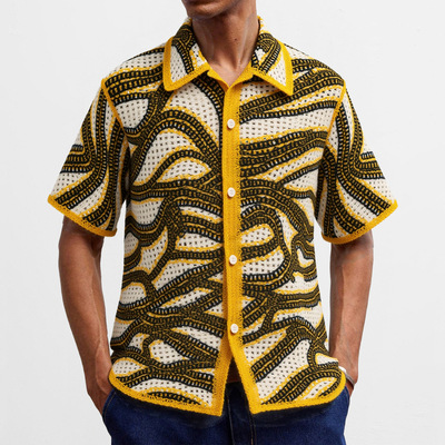 men shirts t-shirt男装 美式肌理条纹针织衫 复古手钩短袖开衫