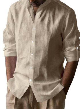 man shirts for men male亚马逊男士威夷风棉麻立领透气亨利领top