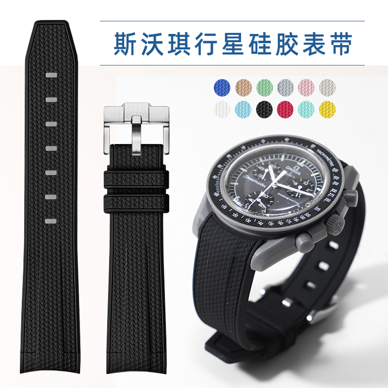 编织纹硅胶手表带男适配欧米茄&斯沃琪swatch联名行星球弧口表带