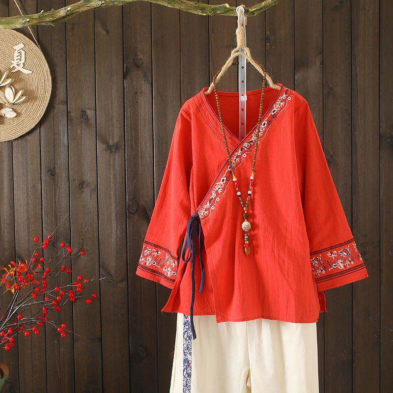 中国风女装重工刺绣文艺棉麻宽松衬衫女套头系带春夏茶服上衣女