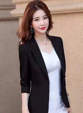 亚麻薄款黑色小西装外套女七分袖春夏2023新款小个子短款西服上衣