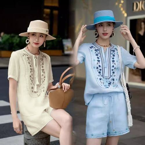 刺绣衬衣女夏季宽松短裤两件套装