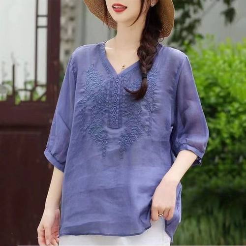 V领棉麻衬衫女春夏季打底衫上衣