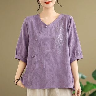 中袖 T恤女夏季 宽松半袖 上衣 国风休闲打底衫 妈妈装 新中式 棉麻短袖