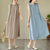 女夏季 纯色无袖 裙子棉麻衬衫 2025气质显瘦宽松休闲纯色中长连衣裙