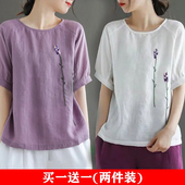 夏季 复古绣花大码 女装 棉麻上衣女亚麻棉刺绣t恤宽松短袖 洋气半袖