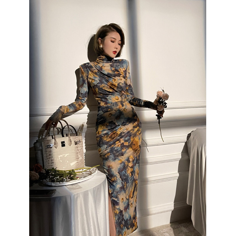 XULU原创轻奢网纱复古印花气质收腰显瘦古典风高领长袖连衣裙,女装/女士精品,连衣裙,淘宝优惠券,粉丝福利购,淘宝优惠卷