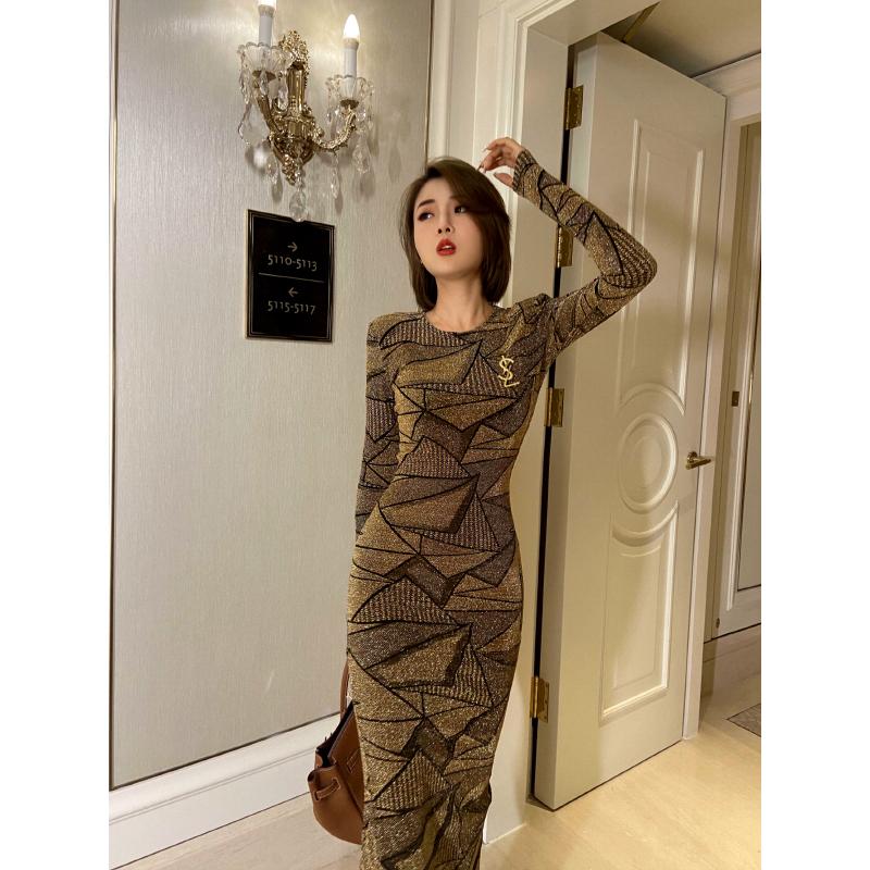 xulu原创金色亮丝设计连衣裙