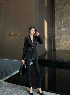 XULU原创轻奢罗马布重工订钻时尚黑色通勤休闲平驳领显瘦西装外套