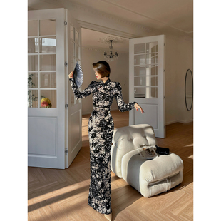 XULU原创轻奢亮片植绒气质名媛新中式 连衣裙 旗袍优雅包臀长袖