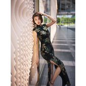 XULU原创〖黑标系列〗醋酸烫金印花复古优雅连衣裙修身 斜襟旗袍