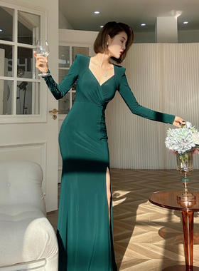 XULU原创墨绿色水晶麻纱气质修身长袖直角肩褶皱桃心领鱼尾连衣裙